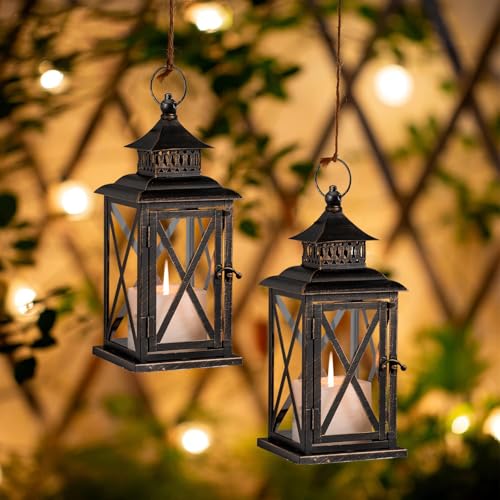 Lantern Decorative Indoor & Outdoor, 2 Pack Large Hanging Candle Lanterns Home Decor, Vintage Metal Candle Holders for Front Porch Patio Wedding Party, Halloween Christmas Decorations (Black) - color: Black / 14.8'' / 2 Pcs