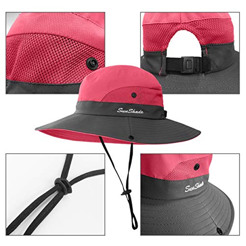 3 Pieces Womens Ponytail Wide Brim Sun Hat Packable UV Protection Beach Cap for Fishing & Hiking - color: Purple＆watermelon Red＆sky Blue