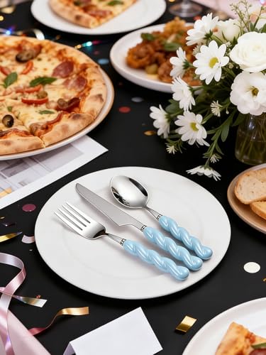 Stainless Steel Flatware Set, 4-Piece Heavy Duty Cutlery Set with Dinner Knife, Fork & Spoons, Tableware Gift for Daily Use Wedding Housewarming Baby Shower Valentine's Day Present (Blue) - color: Blue