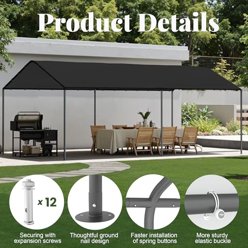 Carport, 10‘ x 20’ Heavy Duty Portable Garage All-Season Car Canopy, Outdoor Garage Boat Shelter Carport Canopy Party Tent w/Water-Resistant Tarp for Backyard (Black, 10' x 20' /no Side) - color: Black, size: 10' x 20' /no side