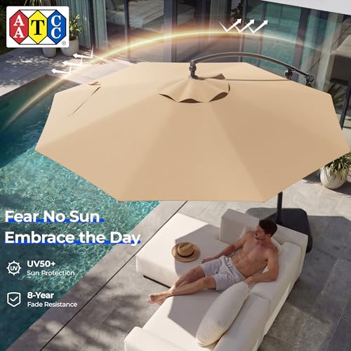HOMSHADE 10ft Patio Umbrella with Base Included, 8-Year-Non-Fading Cantilever Umbrella with Solution-Dyed Acrylic Fabric, UPF50+ UV Protection with Easy Tilt and Crank for Pool Deck and Garden(Buff) - color: Buff