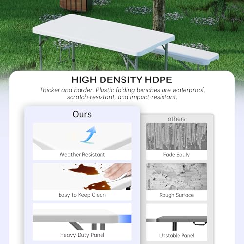 VSOAEIL Folding Table 4 Foot for Indoor Outdoor, Portable Heavy Duty Fold-in-Half Utility Small Plastic Adjustable Height Folding with Carrying Handle for Picnic and Party, White - color: White, size: 4 Ft - 1 Pack