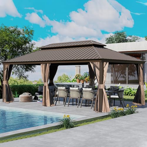 Domi 12' X 24' Hardtop Gazebo, Upgraded Metal Gazebo with Drainage System, Dual-Layer Galvanized Steel Roof, Curtain and Netting, Outdoor Shelter Canopy for Patio, Garden, and Backyard, Brown - color: Brown, size: 12'x24'/w gutter