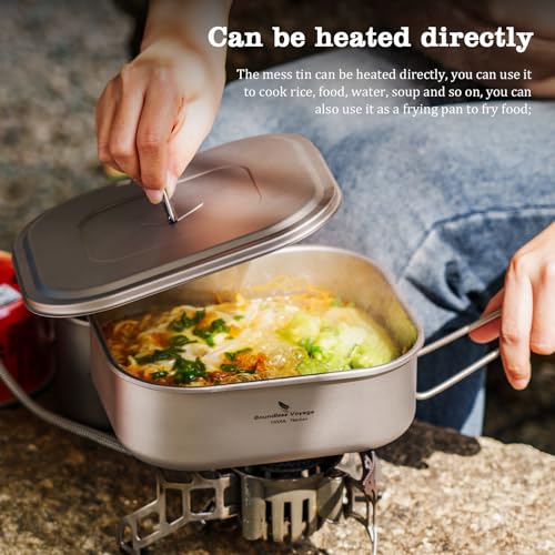 iBasingo 1000ml Titanium Military Mess Tin Outdoor Camping Cookware with Lid & Folding Handle Lightweight Frying Pan Single Layer Square Lunch Box Portable Hiking Backpacking Cooking Kit Ti2084C