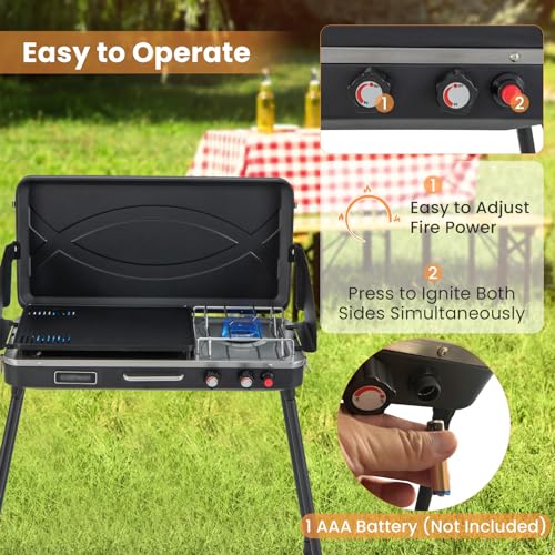HAPPYGRILL Portable Camping Stove, 2-Burner Propane Grill Cooker with Removable Leg Stand, Roast Grill, Dual Control Knobs, Wind Guards, Outdoor Gas Grill for Camping BBQ Picnic (Black) - color: Black
