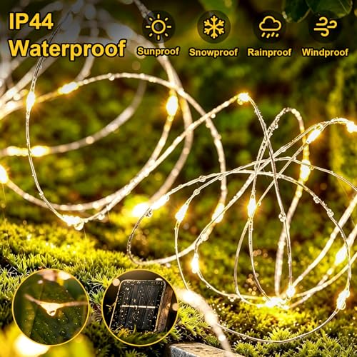 QITONG Solar Fairy Lights, 4 Pack Each 33ft 100 LED Warm White Christmas Light Outdoor Waterproof, 8 Modes Silver Wire Twinkle Mini Lights - color: Warm, size: 4Pack*100LED