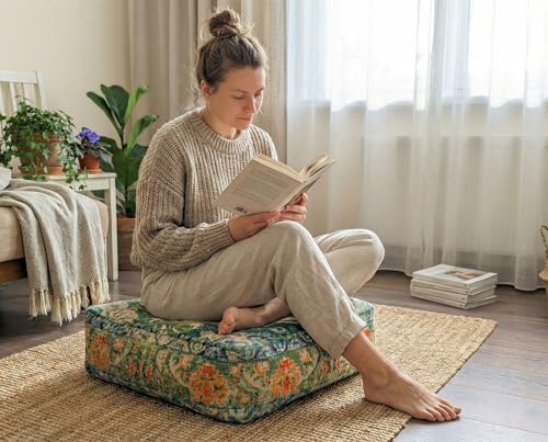 Mandala Life ART Moroccan Pouf Ottoman Cover Green Square Meditation Pillow Case Boho Room Décor Moroccan Seating Area Perfect for Living Room, Bedroom, Nursary or Children Room Cotton 24x8 Unstuffed - color: Green
