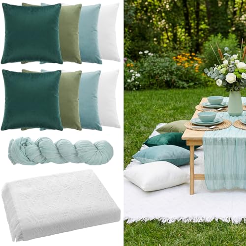 Moukeren 10 Pcs 71''x102'' Extra Large White Outdoor Boho Picnic Blanket with Green Table Runner 8 Throw Pillow Cover Oversized Washable Portable Beach Blanket for Valentine Picnic Camp Lawn Wedding - color: Green