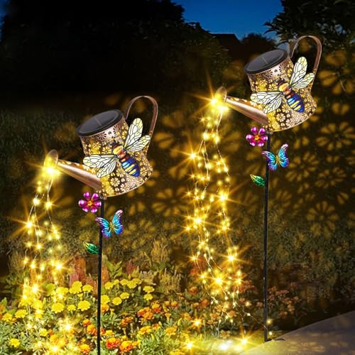 Solar Watering Can with Lights Outdoor Garden, 41in Large Bee Garden Stake Lights, Waterproof Decoration for Yard Lawn Pathway, for Mom Grandma Women Birthday Gardening Gift - color: Bee-Yellow