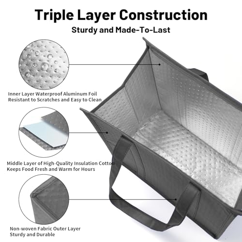 Insulated Grocery Bags with Zippered top Frozen Food Shopping Groceries Travel Insulated Tote Cooler Thermal Bags - color: Gray