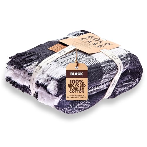 GOLD CASE Throw Blanket for Couch - 100% Recycled Turkish Cotton Blankets & Throws - Buffalo Soft Throw Blankets for Living Room - Boho Decorative Woven Couch Blanket - 60x80 - Black - color: Buffalo Black, size: 60x80"