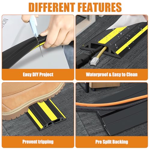 10 ft Cord Covers for Wires on Floor, Heavy Duty PVC Duct Floor Cord Cover, Floor Cable Cover Easy to Unroll Prevent Trip Hazard for Home Office or Outdoor Settings (2pcs) - size: 10 Feet - Black and Yellow - 2 Packs