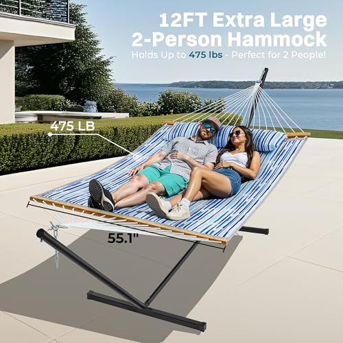 SUPERJARE Hammock with Stand, 2 Person Quilted Outdoor Hammock, Detachable Pillow & Bamboo Spreaders, Portable Hammock with Carrying Bag, Heavy Duty Stand, Perfect for Outside, Patio, Graffiti Blue - color: Graffiti Blue, size: 55.1"W × 74.8''D × 43.3''H