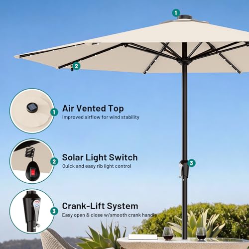 AreShark 11FT Large Patio Umbrella with Solar Lights, Lighted Solar Umbrella with Crank, Outdoor Table Market Umbrellas for Garden, Deck, Backyard, Pool and Beach, Cream-White - color: Cream-White, size: 11 Ft