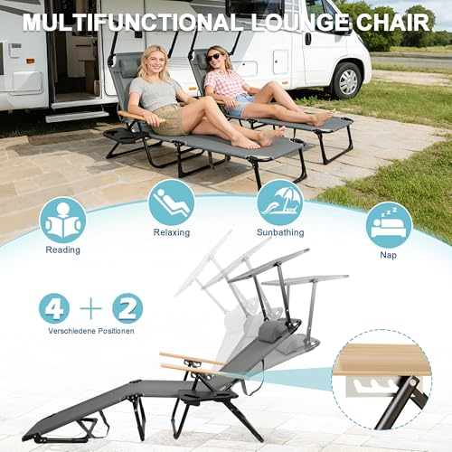 Outdoor Chaise Lounge Chair with 4-Position Adjustable Backrest,Patio Folding Sun Tanning Chair,Pillow & Cup Holder,Portable Recliner Sunbathing Lounger Chairs for Beach Garden (Grey with Shade) - color: Grey With Shade