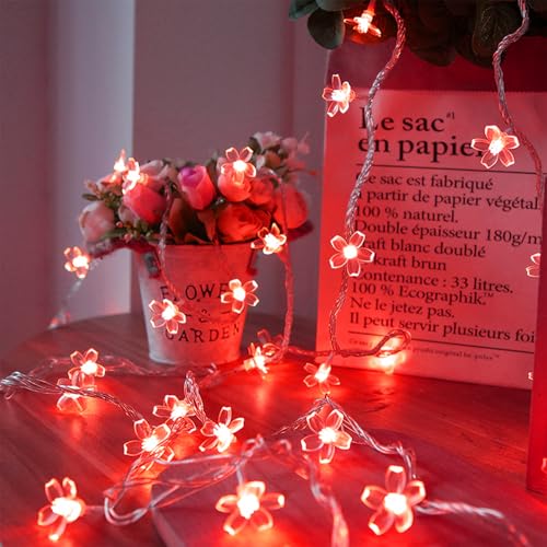 Battery Lighted & USB Plug in Fairy Flower String Lights, 10ft 30 LED Cute Cherry Blossom Lights with Timer Indoor Bedroom Party Wedding Christmas Easter Tree Branch Hanging Decorations (Red) - color: 10ft Red Flower Lights