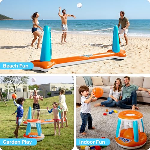 JOYIN XL Inflatable Pool Float Set, 125'' Volleyball Net & Basketball Hoops, Extra Large Floating Swimming Game Toy for Kids and Adults, Summer Floaties, Volleyball Court|Basketball, XL-Orange - color: Orange, size: X-Large