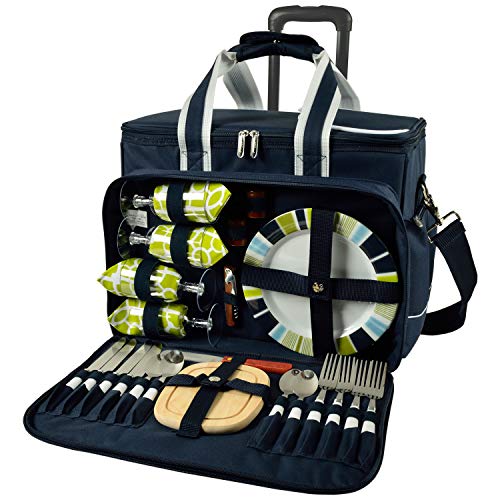 Picnic at Ascot- Original Insulated Picnic Cooler on Wheels with Service for 4- Designed & Assembled in The USA - color: Navy/Trellis Green