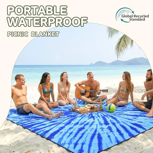 Genovega Waterproof Sandproof Beach Blanket Picnic Outdoor Mat Rug Extra Large Foldable Sand Free Big Giand XL Car Essential Roadtrip Gadget Rv Accessories Gear Must Haves Hiking Items Necessities - color: Tie Dye Blue, size: 6'8" x 6'8" (Square)