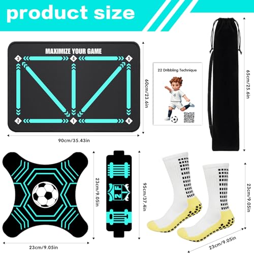 2F22E Soccer Training Mat for Kids & Youth, Non-Slip Silent Footwork Training Equipment with Soccer Bounce Trainer & Socks, Ball Mastery Skills Mat with Instructional Video for Indoor Practice - color: Cyan-blue