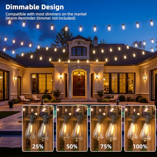 FOOMAN LED Outdoor String Lights, 50FT Outside Waterproof Patio Lights with 25+2 Shatterproof ST38 Edison Bulbs, 2700K Warm White Hanging Light, Dimmable Light for Backyard Garden Bistro Party - size: 50FT