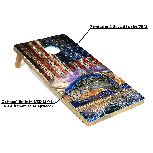Tailgating Pros Cornhole Board Set w/Bean Bags and Carrying Case - 4'x2' Corn Hole Toss - Tournament and Lightweight Options - Optional LED Lights - color: Fish/American Flag, size: 4'x2' Boards