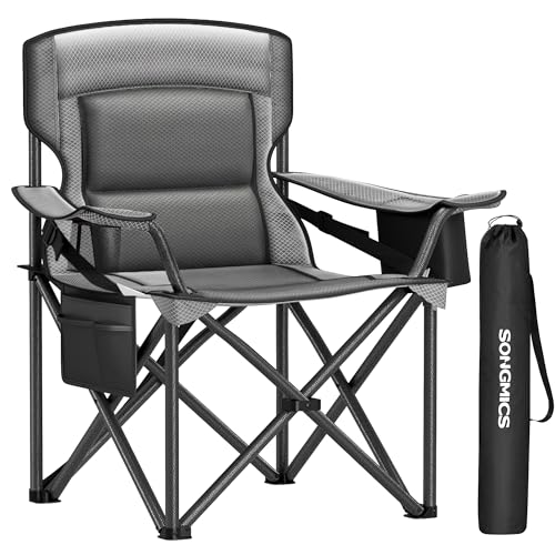 SONGMICS Oversized Lumbar Support Camping Chair, Heavy-Duty Outdoor Folding Chair Comfortable, Padded, Glamping, Cooler Bag, Weight Capacity 450 lb, Slate Gray UGCB066G01 - color: Grey, style: 1PC (24.8"D x 37.4"W x 39.2"H)
