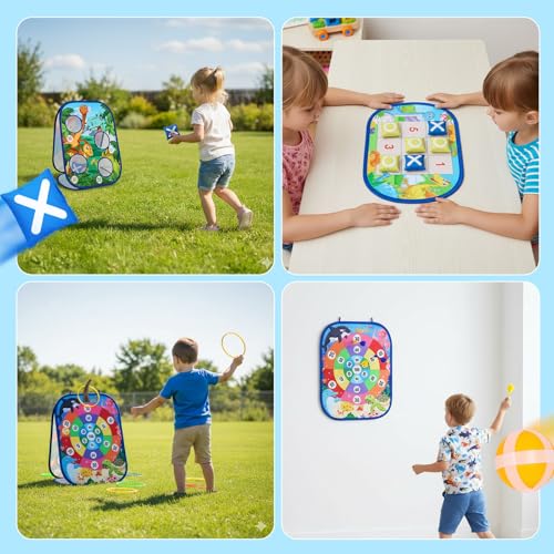 AOSITE Toddler Bean Bag Toss Game for Kids 3-8, 7-in-1 Outdoor Cornhole Board Set with Ring Toss, Sticky Balls Darts, Backyard Lawn Party Games, Birthday for Boys Girls with Storage Bag