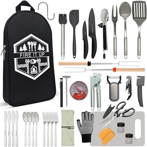 BOMKI Grilling and Camping Cooking Utensils Set for The Outdoors BBQ - Camping Utensil Set Kitchen Set Cookware Accessories Glamping Essentials Camp Stuff Camp Cooking Set (Black Pro) - style: Black Pro