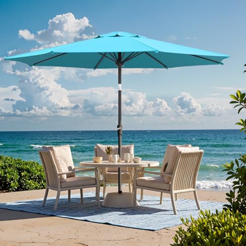 Outdoor Patio Umbrella with One Push Button Tilt and Crank, 8 Sturdy Ribs Market Table Umbrella - color: Turquoise-Steel Ribs, size: 11FT