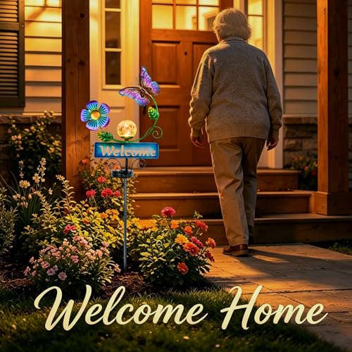 Butterfly Garden Decorations for Outside, Solar Waterproof Stake Lights with Welcome Sign for Yard Lawn Patio Pathway, Warm Gifts for Mom Grandma Housewarming (Butterfly) - style: Butterfly