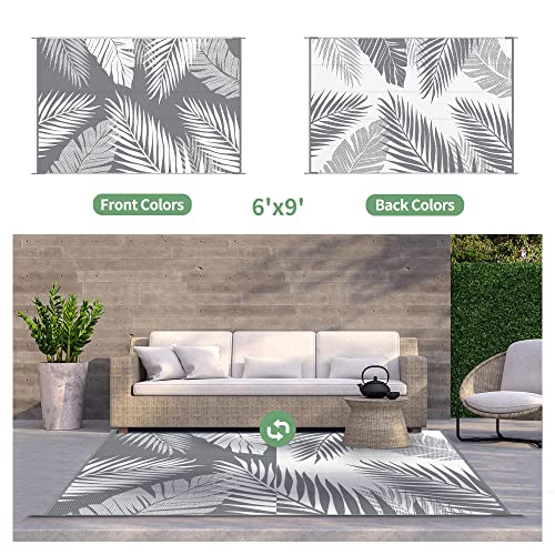 GENIMO Outdoor Rug 6' x 9' Waterproof for Patios Clearance, Reversible Plastic Straw Camping Carpet, Large Area Rugs Mats RV, Picnic, Backyard, Deck, Balcony, Porch, Beach, Grey&White - color: Grey & White | Waterproof, size: 6' x 9' (Rectangular)