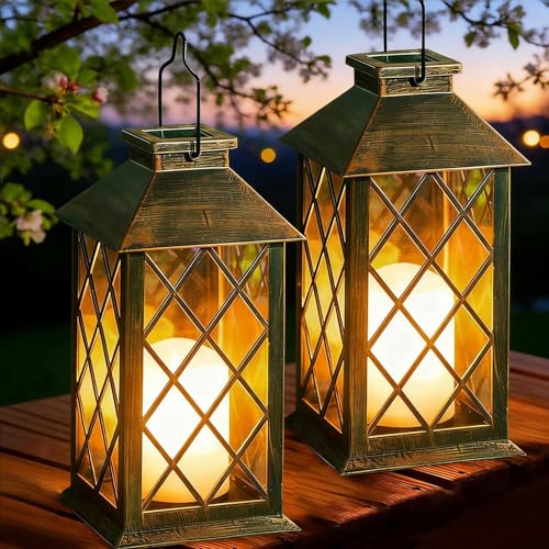 Solar Lanterns Outdoor Waterproof, 2 Pack 9" Glass Hanging Solar Lights with Flickering Flameless Candle, Outdoor Lanterns for Patio Wall Porch Table Garden Yard, Gift for Women Mom - Bronze - size: Bronze 9"