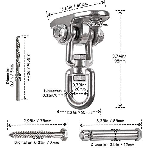 IOH Heavy Duty Swing Hangers Stainless Steel 304, Double Protection Design,【2000 lb Capacity】 360° Rotation, Playground Porch Yoga Seat Trapeze, Hammock Chair, Swing Set Indoor Outdoor