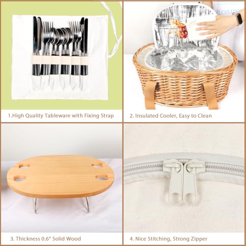 Hap Tim Wicker Picnic Basket Set for 4 with Mini Folding Wine Picnic Table & Large Insulated Cooler Bag & Cutlery Service Kits for 4 Person, Couples Gifts, Wedding Gifts (Y2209-4-CM) - color: Cream White, size: 4 person