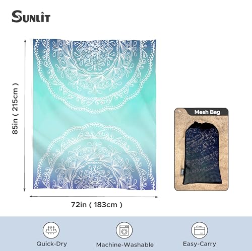 Sunlit Silky Soft Sand Proof Beach Blanket 106"x81" / 85"x72" Sand Proof Mat with Corner Pockets and Mesh Bag for Beach Party, Travel, Camping and Outdoor Music Festival, Mandala - color: Ombre Blue, size: 85"x72"