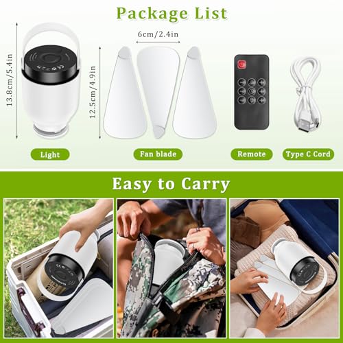 Rechargeable Camping Fan with LED Lantern, 2 in 1 Portable Small Ceiling Fan with Light for Outdoor Tent Gazebo Patio RV, USB C Battery Powered White Fan with Remote, Detachable 3 Blade Hanging Fan