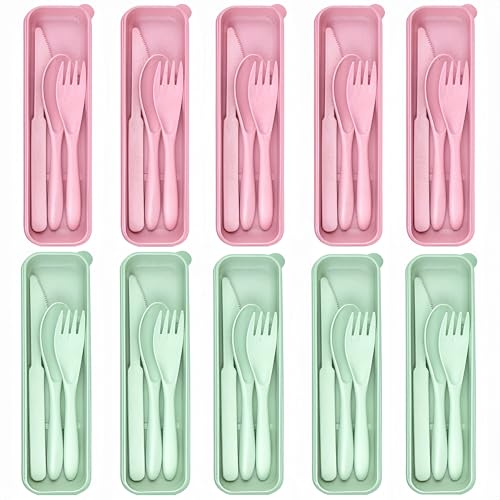 10 Set Reusable Travel Utensils Set with Case,Wheat Straw Travel Cutlery Set Portable Knife Fork Spoons Tableware Picnic Silverware for Party, Picnic, Camping, Kitchen, Camping-Pink&Green - color: Pink&Green