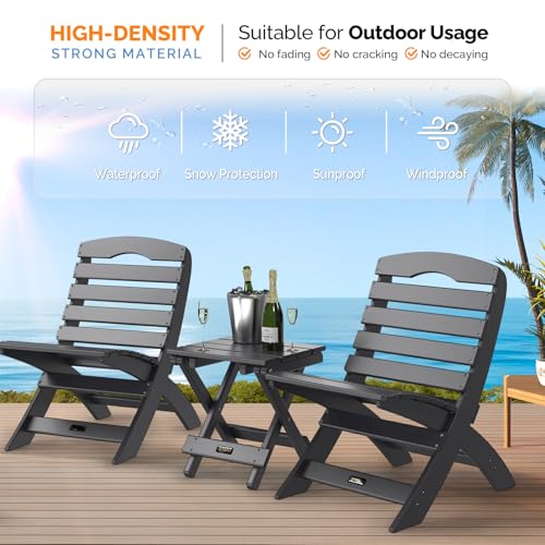 VINGLI Small HDPE Folding Side Table, Plastic Waterproof Portable Adirondack Coffee End Tables, All Weather for Patio, Backyard, Pool, Indoor Use, Slats Style, Black