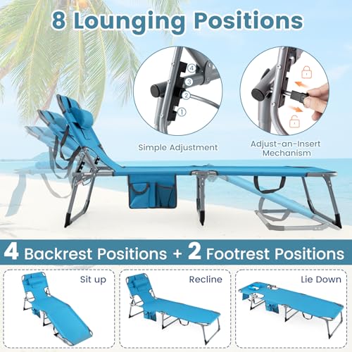 COSTWAY Tanning Chair with Face Hole, Folding Beach Lounge Chair with 4-Position Adjustable Backrest, Pillow & Side Pocket, Foldable Chaise Lounge Chair Outdoor for Sunbathing, Camping (1, Blue) - color: Blue