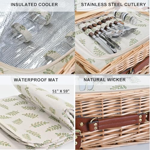 Multifunctional Wicker Picnic Basket Set for 4 with Blanket and Picnic Table, Insulated Picnic Set with Full Tablewares for Camping Outdoor Couples,Leaf - color: Leaf With Blanket &Table for 4