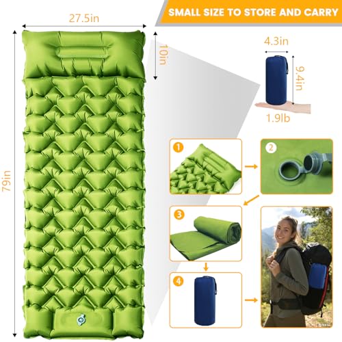 Camping Sleeping Pad, 4in Thick Ultralight Inflatable Camping Mat with Pillow, Built-in Foot Pump Sleeping Mat, Wide Compact Camping Pad for Travel Tent Hiking Backpacking Trip Car Camp Gear - color: Green+blue