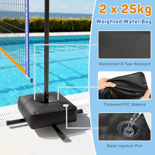 MoKo Pool Volleyball Net, Swimming Pool Volleyballs Set with Adjustable Length 15-25FT, Water Volleyball Stand with Two 25L Dual Water Bags, Pool Games for Adults and Family Members