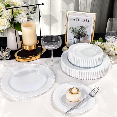 U-QE 60PCS White Plastic Plates - Fancy Beaded Plates Disposable Heavy Duty - Premium Hard Plastic Plates for Party, Wedding & Birthday Including 30 Dinner Plates 10" & 30 Dessert Plates 7" - color: White