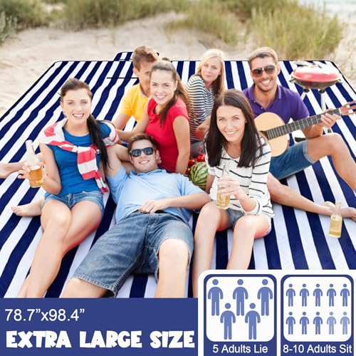 80" x 100" Extra Large Picnic Blankets Beach Mat Sandproof Waterproof Foldable Oxford Blue Strip Blanket Beach Mat Fall Picnic Stuff for Family Camping Hiking Party Park Travel Grass - color: Navy and White, style: Stripe