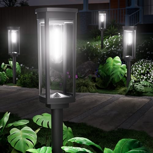 NEWMESSI 6 Pack Solar Pathway Lights Outdoor,Super Brightness IP65 Waterproof Auto On/Off Solar Path Lights, Garden Solar Powered Landscape Lighting for Outside Yard Garden Driveway Walkway Décor - color: Round Cool White, size: 6 Pack