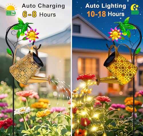 Solar Metal Watering Can with Hummingbird Shepherd Hook and Cascading Lights, Outdoor Solar Lantern for Garden, Yard, Patio Decor and Gardening Gifts for Women Mother's Day - color: Hummingbird, size: 1 Pack
