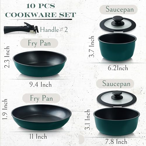 Moss & Stone Aluminum Pots And Pans Set Nonstick, Removable Handle Cookware, Stackable , Dishwasher Safe, Induction Camping Cookware Set. (10 Pieces Blue) - size: 10 Pcs Blue