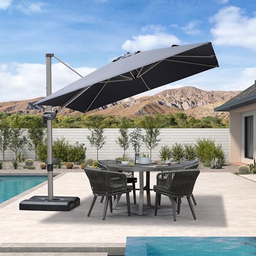 PURPLE LEAF 9’ X 9‘ Patio Umbrella Outdoor Cantilever Umbrella, Aluminum Offset Umbrella with Champagne Frame and 360° Rotation for Pool Deck Garden, Grey - color: Gray, size: 9' x 9'