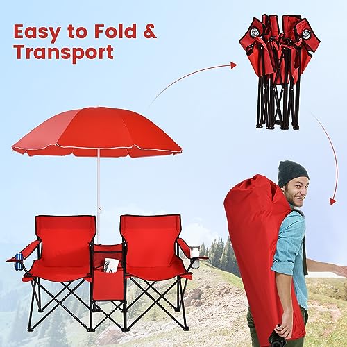 Double Camping Chair, 2-Person Portable Beach Chair w/Removable Umbrella, Cup Holders & Carrying Bag, Folding Loveseat Chairs for Adults Outdoor Picnic (Red) - color: Red